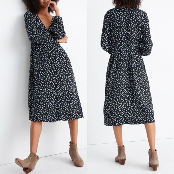Madewell Dresses & Skirts - Madewell Long Sleeve Button Front Midi Dress 2 Baby's Breath  Black Blue Floral